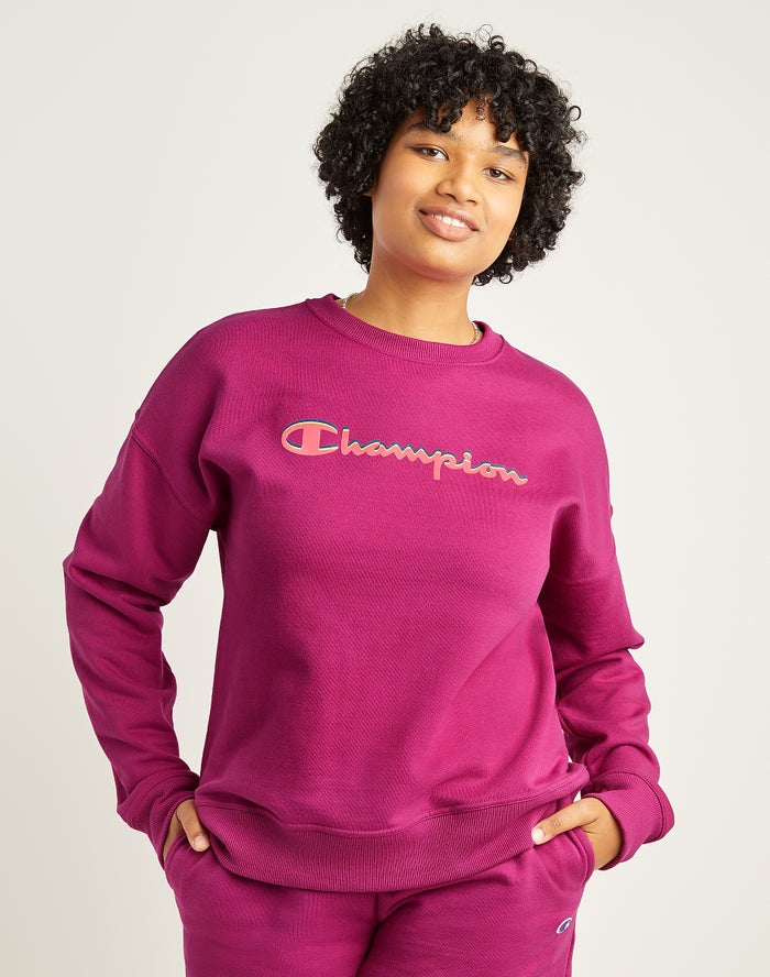 Champion Womens Sweatshirt NZ - Powerblend Fleece Relaxed Crew Script Logo Pink ( 1853-PNVJQ )